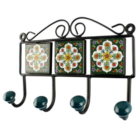 Forest Green with white Ceramic Floral Tile Hook